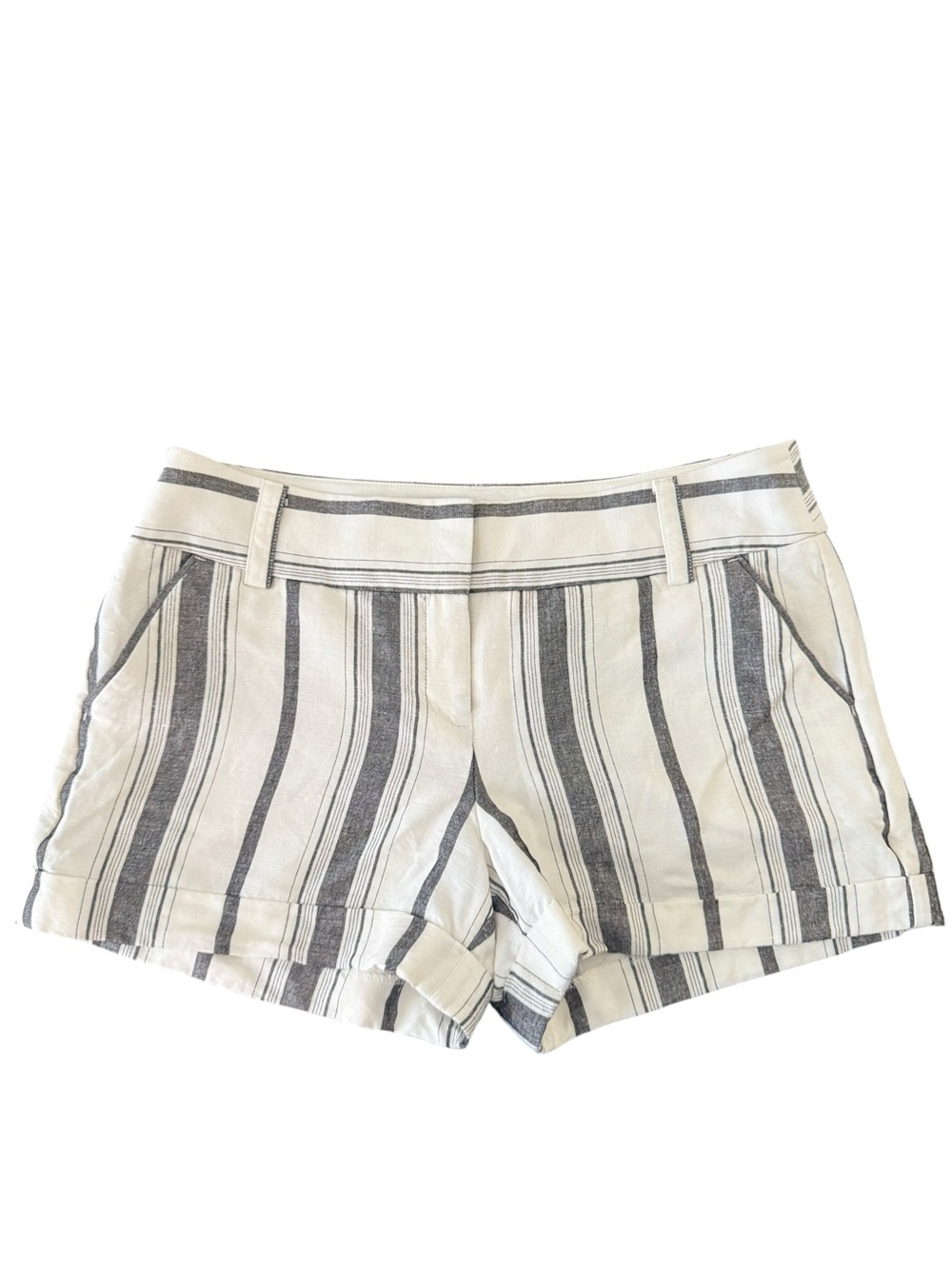EXPRESS Linen Blend Striped Shorts Size 8 Coastal Nautical Mid Rise Cuffed